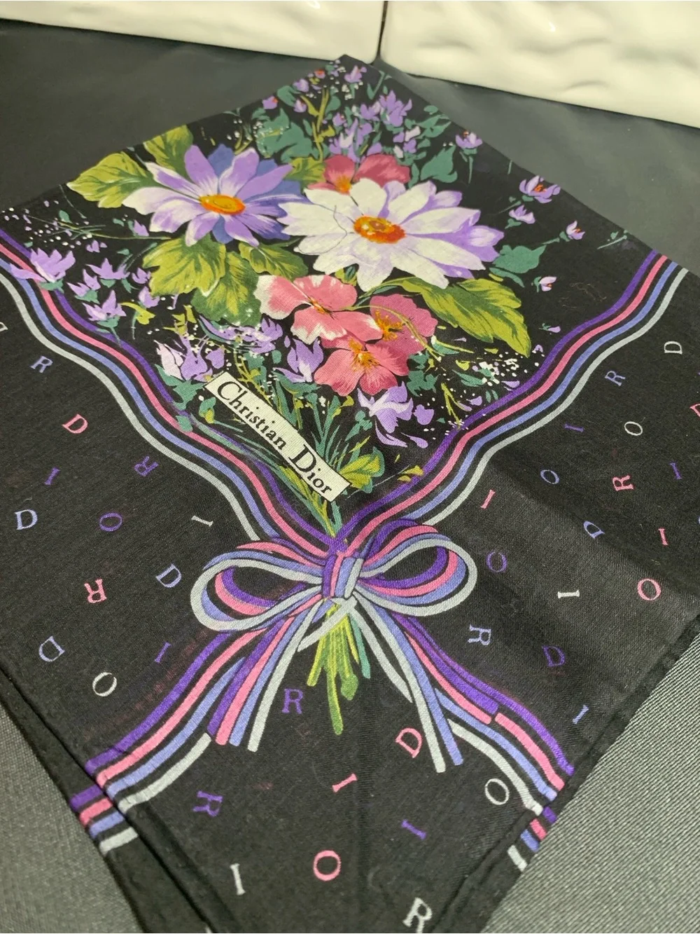 Christian Dior Floral Silk Scarf — Black with Purple & Pink Bouquet